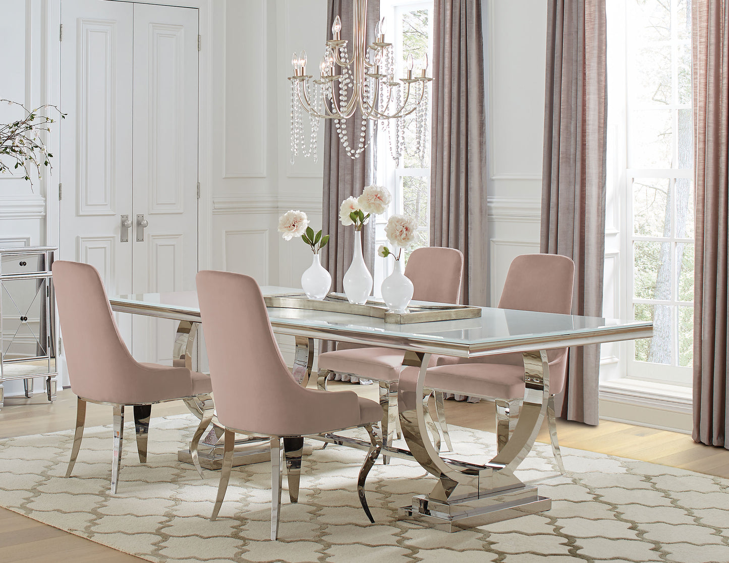 bellaire 5-piece rectangular glass top dining table set pinklight pink