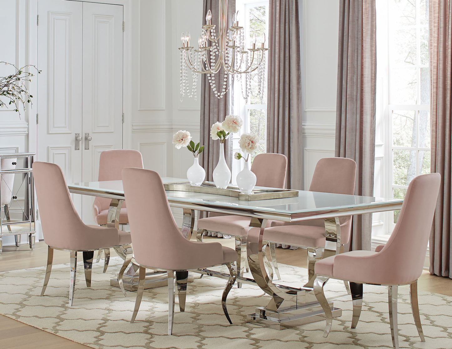 bellaire 7-piece rectangular glass top dining table set pinklight pink
