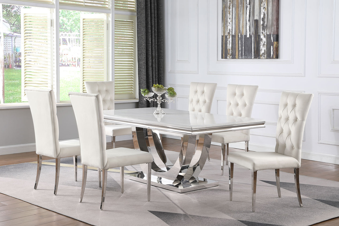 carmelia 7-piece rectangular dining table set white and chromewhite