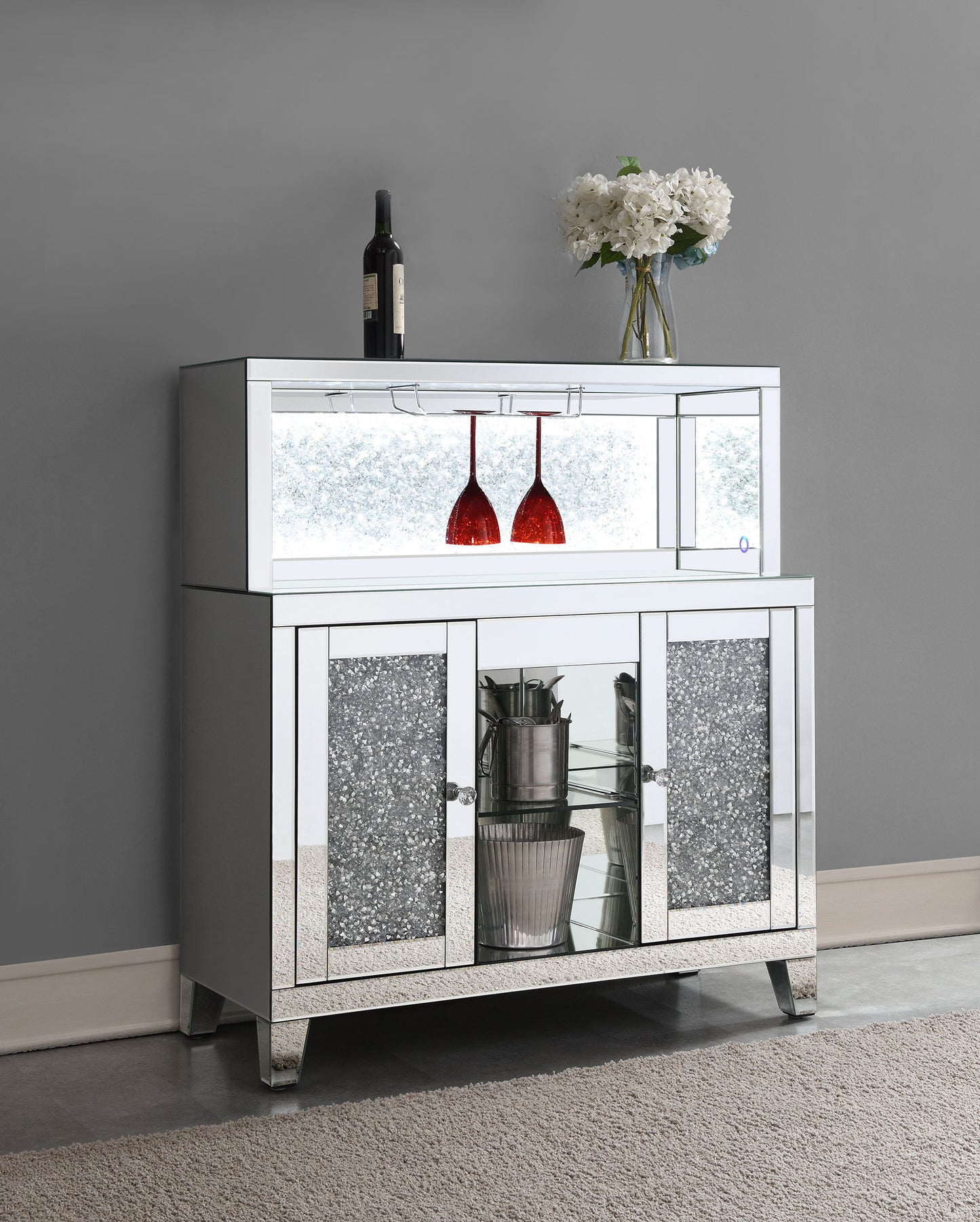 odafin 2-door mirrored acrylic home bar wine cabinet silvermirror