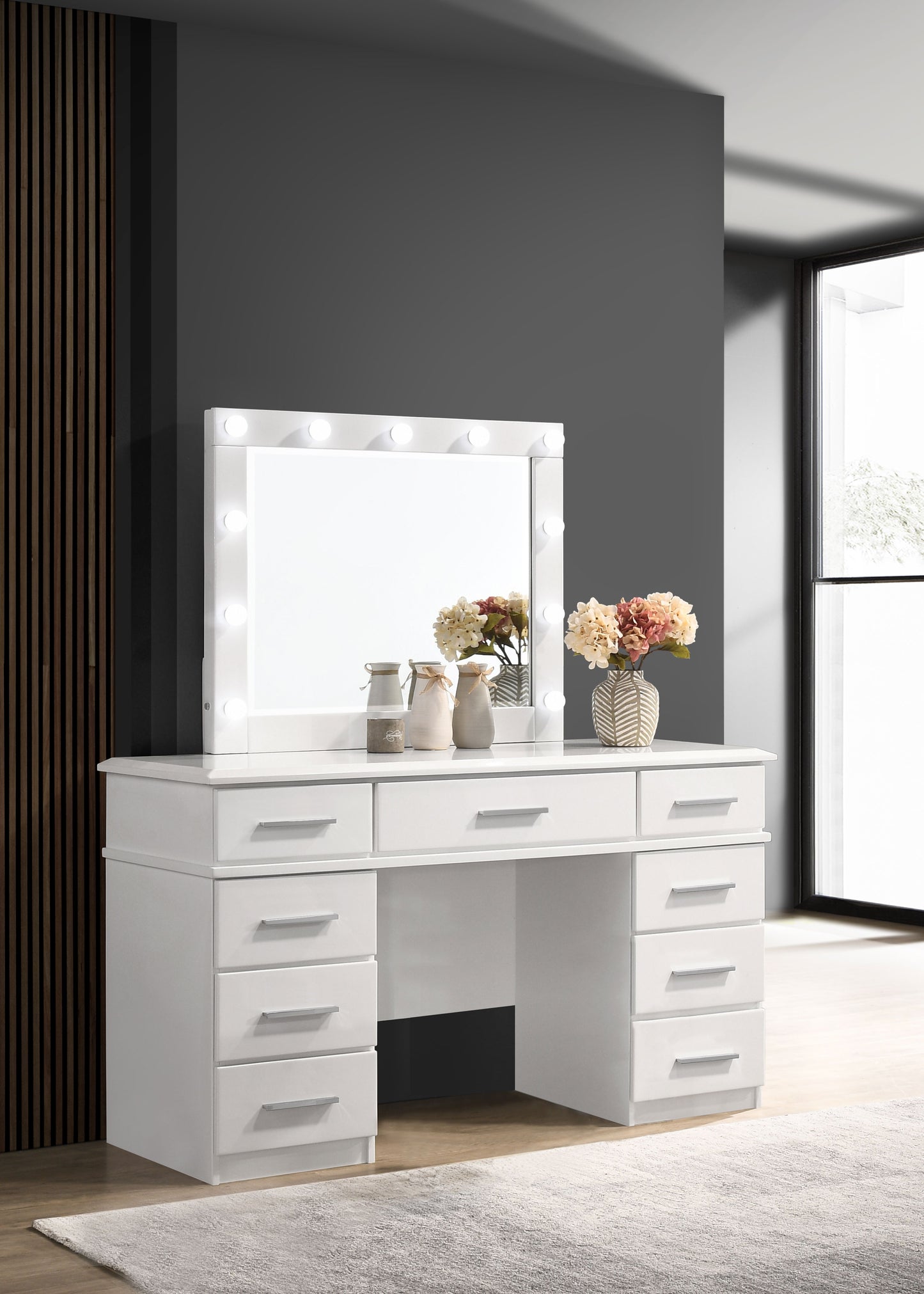mikayla 9-drawer vanity table lighted mirror glossy whitewhite high gloss