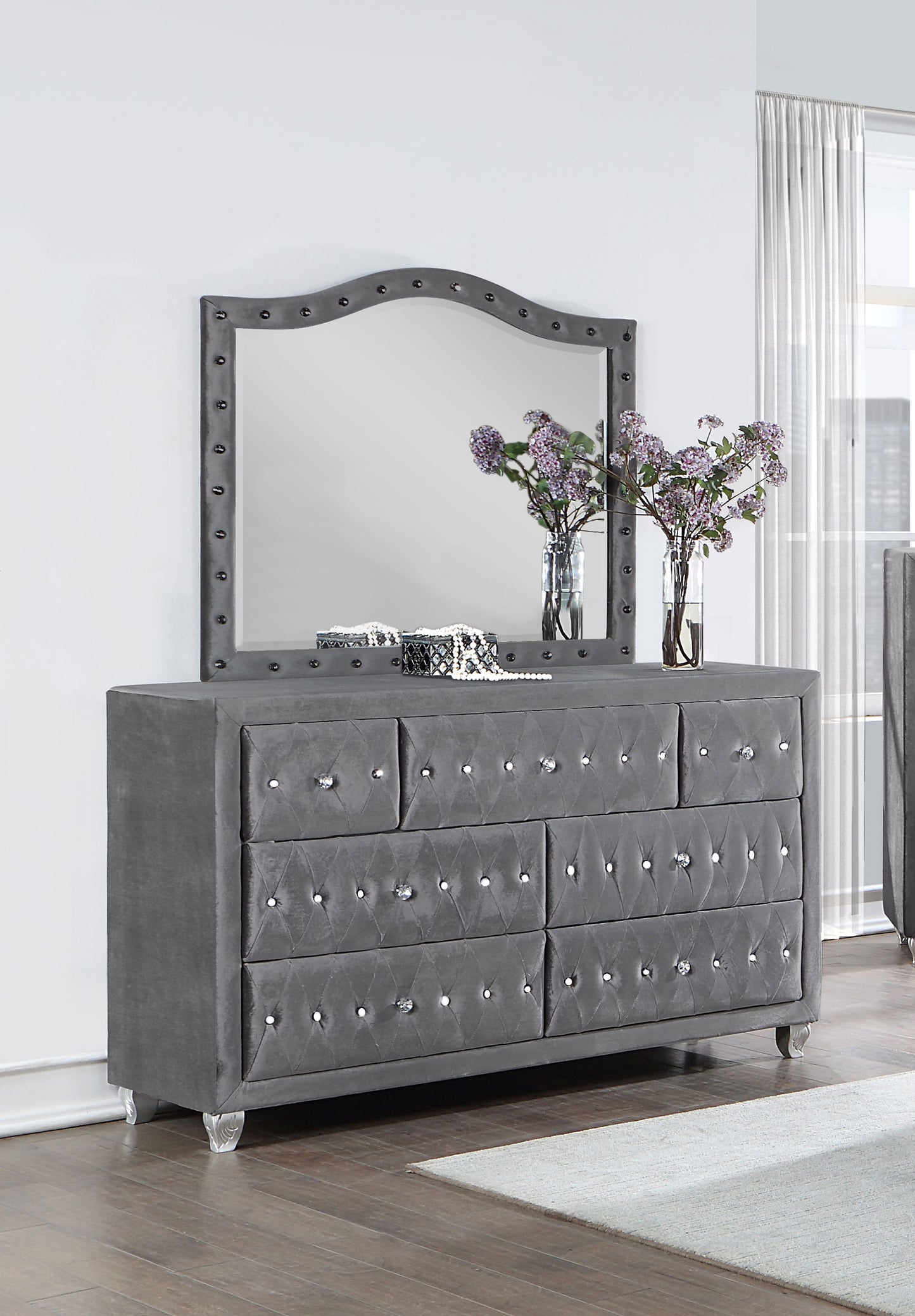 colleen 7-drawer upholstered dresser with mirror greygrey