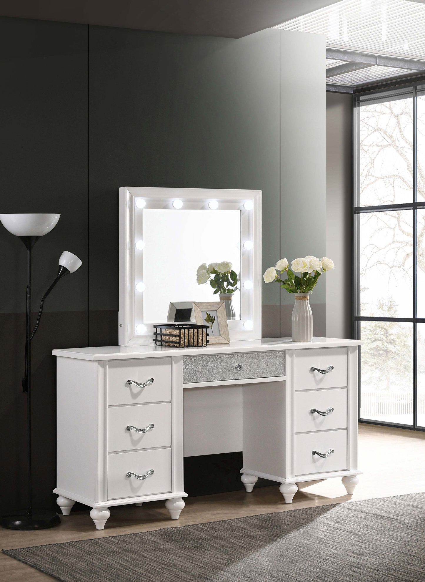 percy 7-drawer vanity set with lighting whitewhite