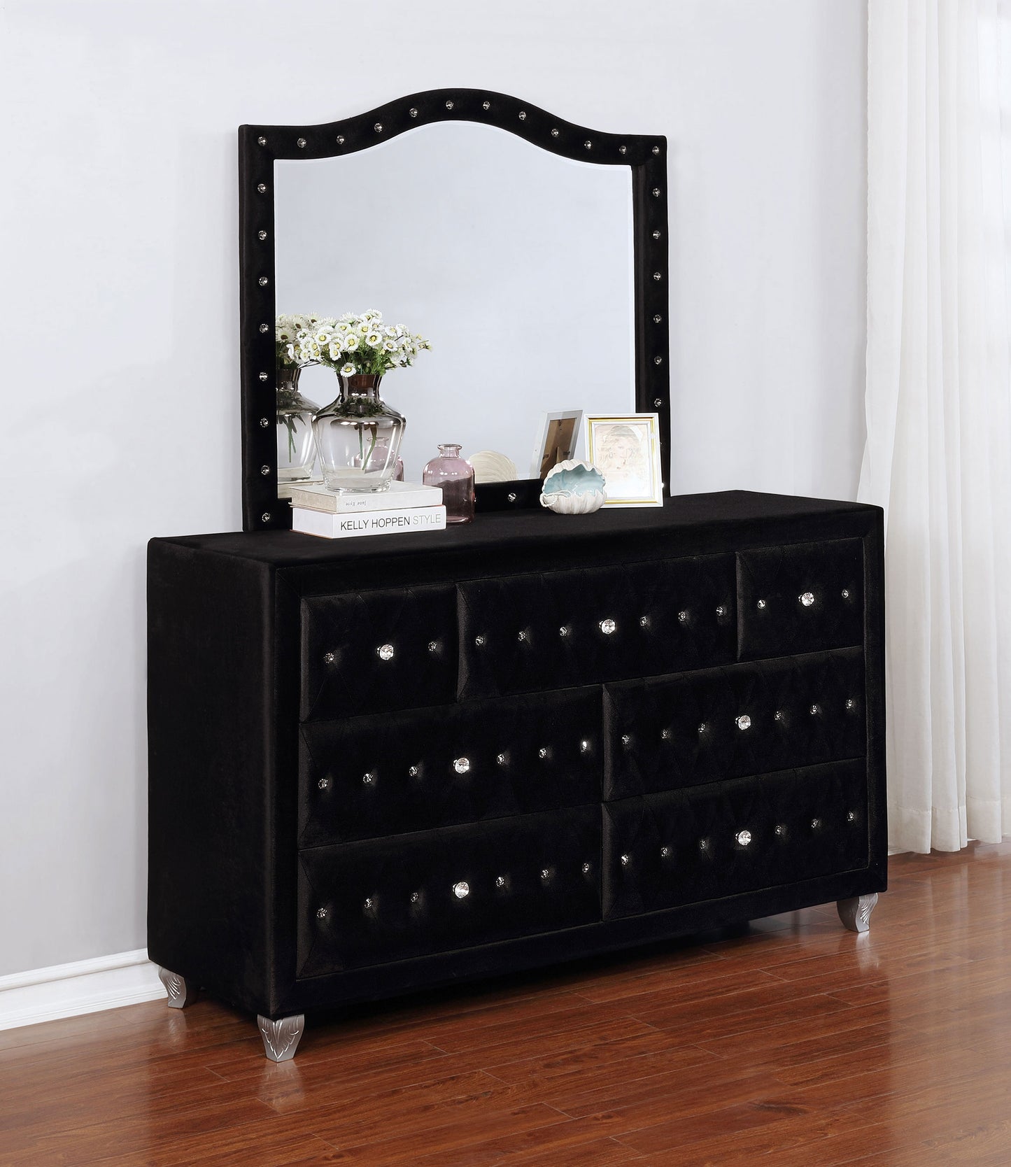 colleen 7-drawer upholstered dresser with mirror blackblack