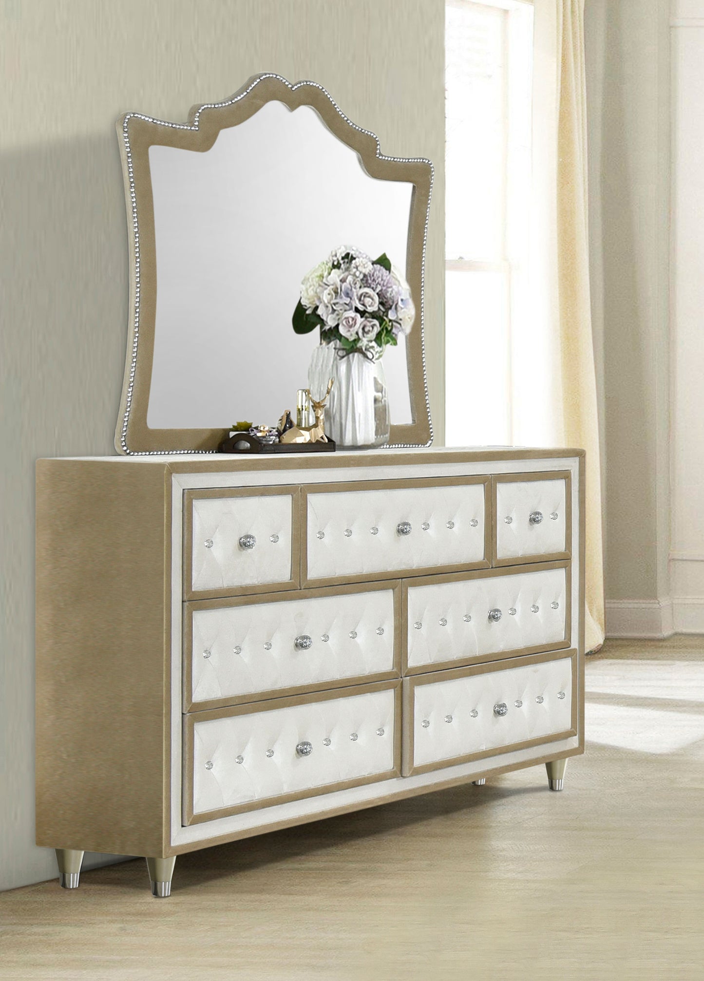 pinciotti 7-drawer upholstered dresser with mirror ivoryivory / camel