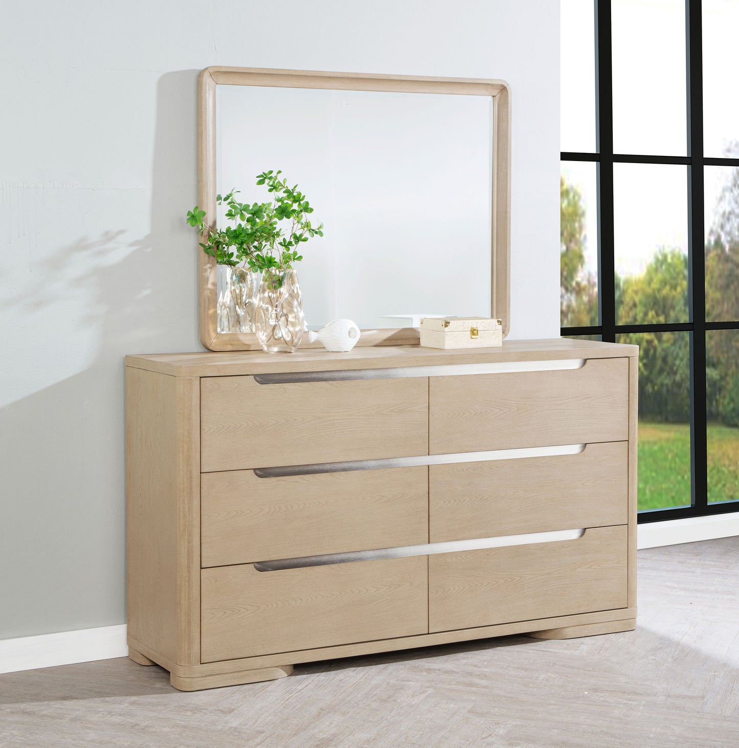 jodie 6-drawer bedroom dresser and mirror light elm