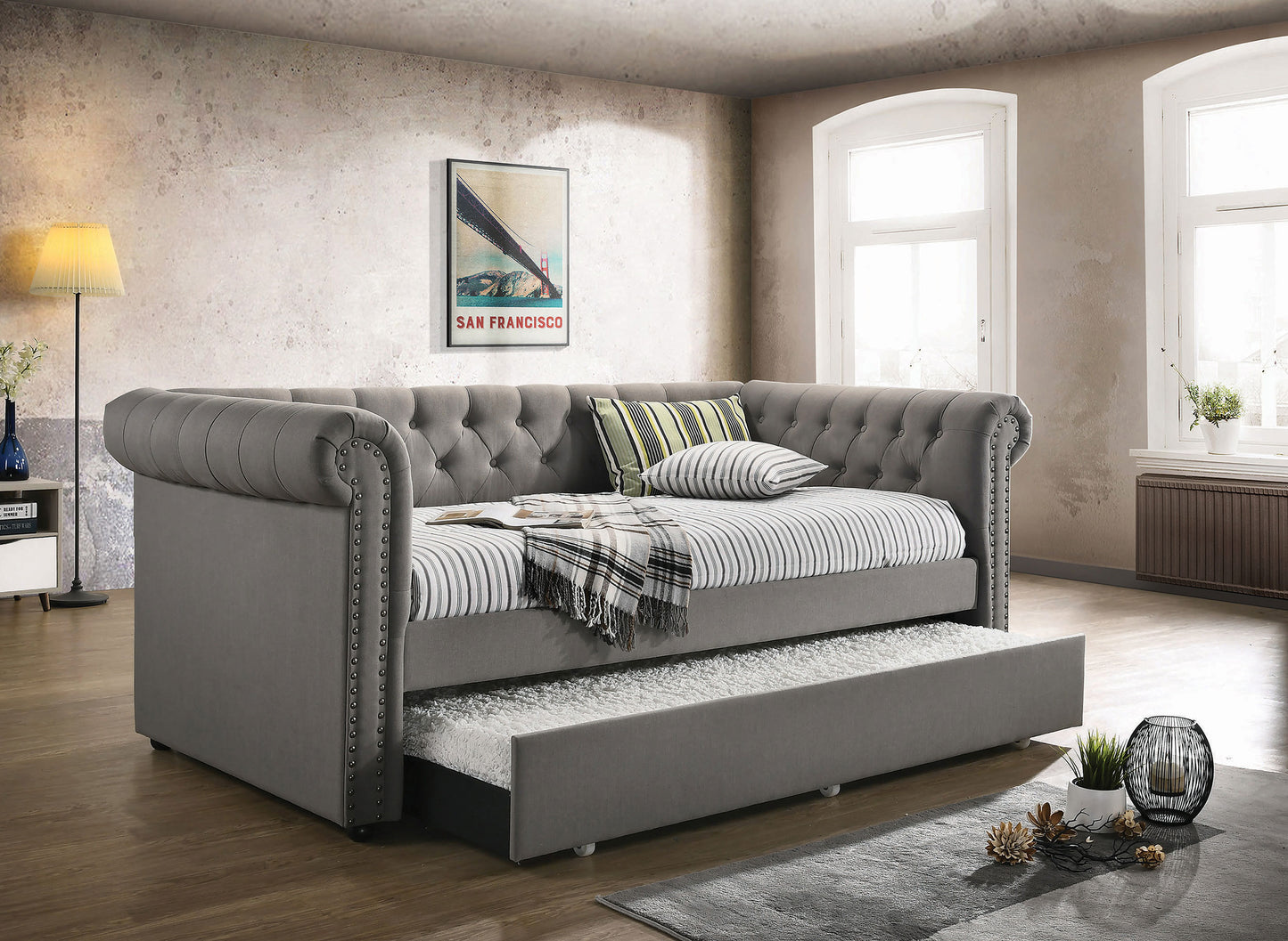rachelle upholstered twin daybed with trundle greygrey