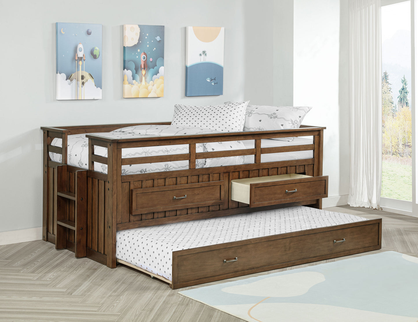 flanary wood twin captains bed with trundle medium brown