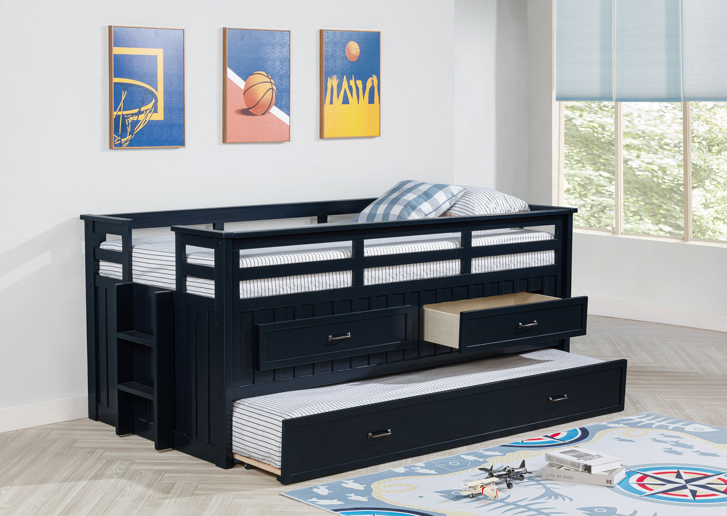 flanary wood twin captains bed with trundle navy blue