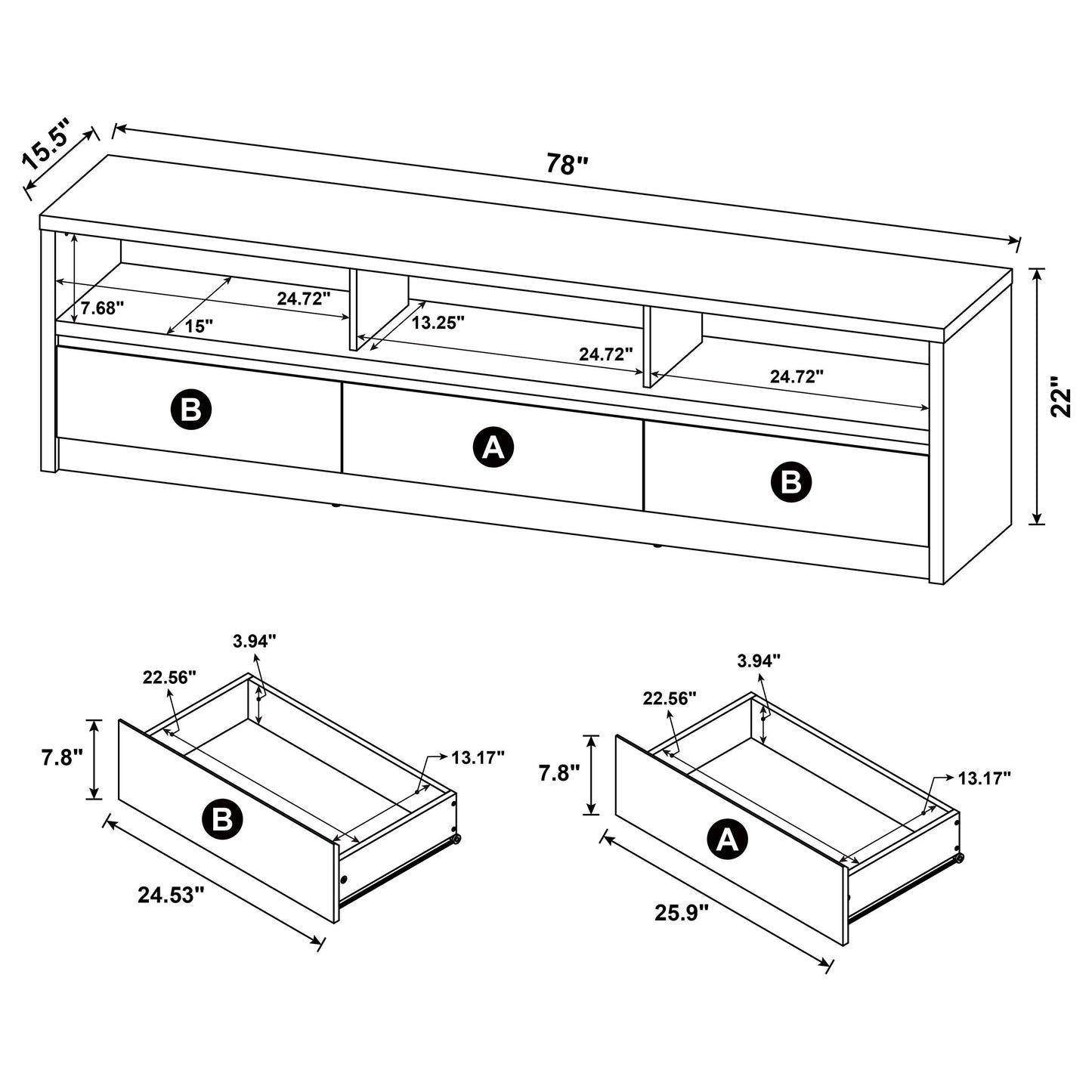 cragen 78-inch 3-drawer tv stand media console black