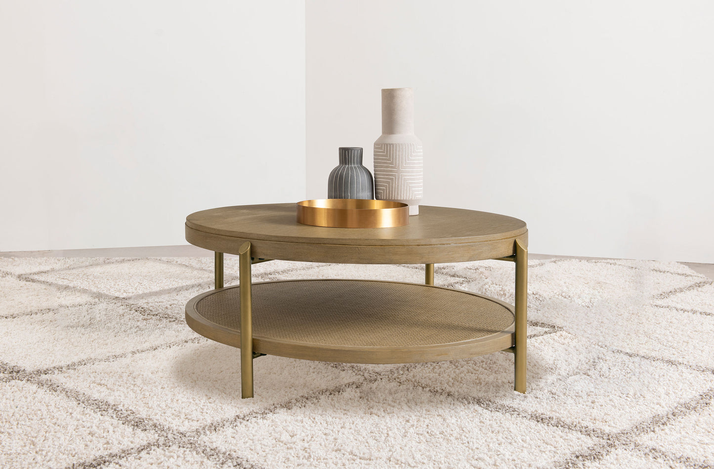 linnea round coffee table with storage shelf sand wash