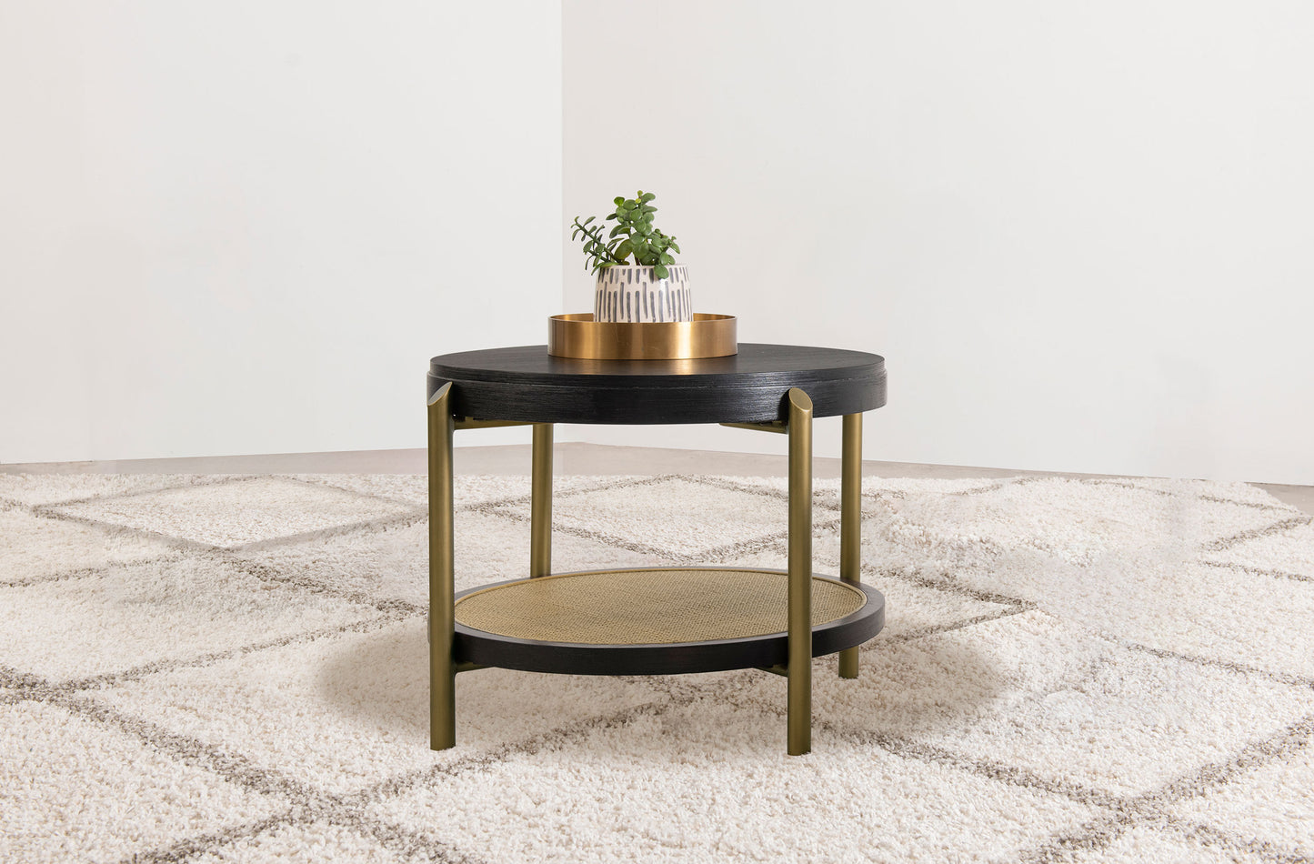 linnea round end side table with storage shelf black