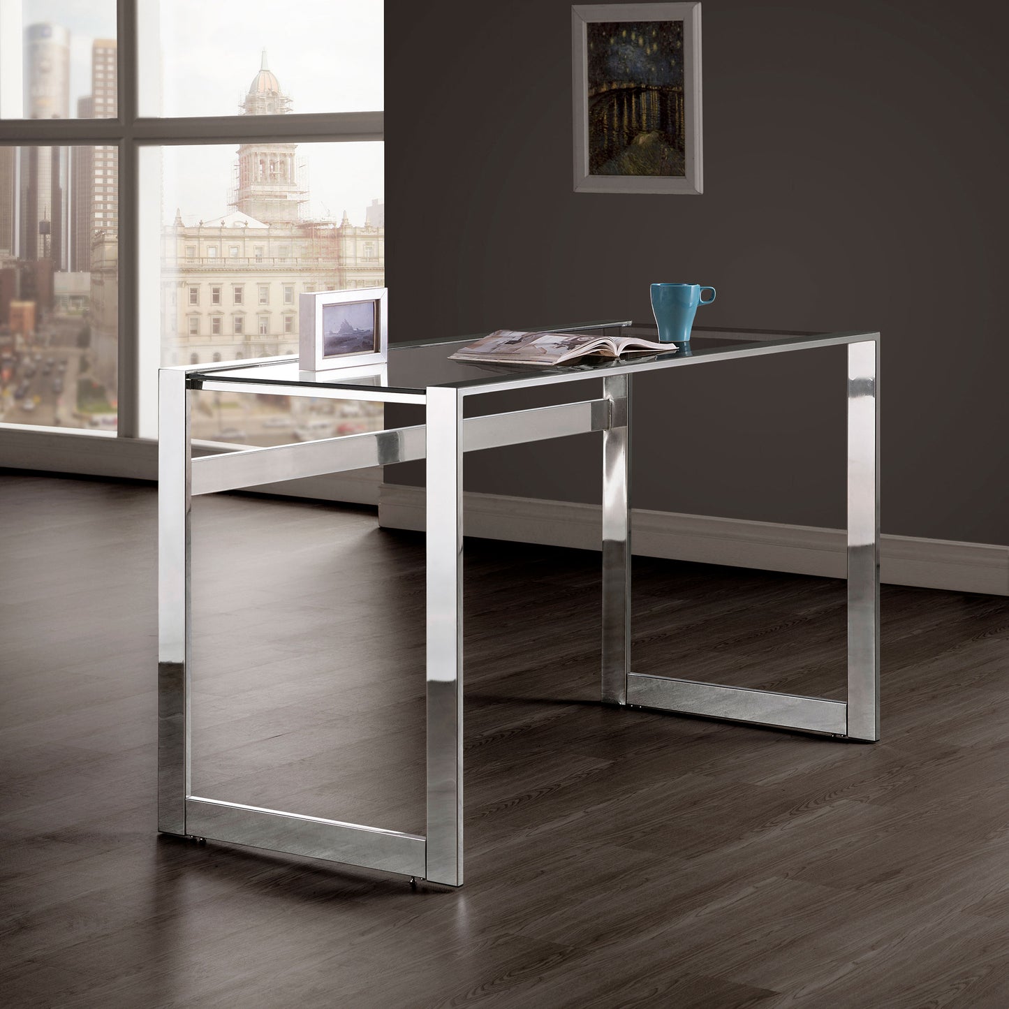 gilmore 47-inch glass top writing desk chromeclear
