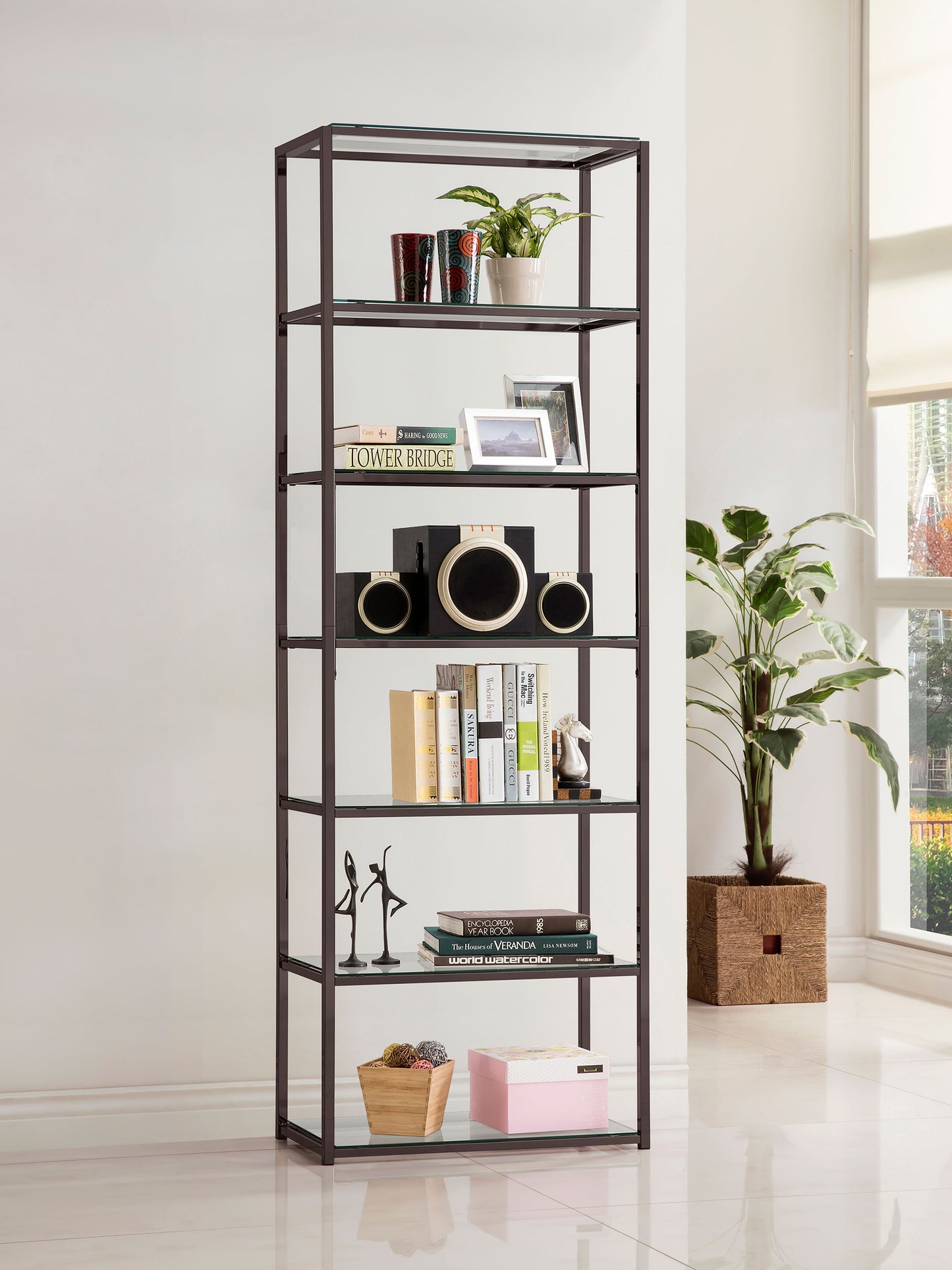 sydney 78-inch 5-shelf glass bookshelf black nickelblack nickel