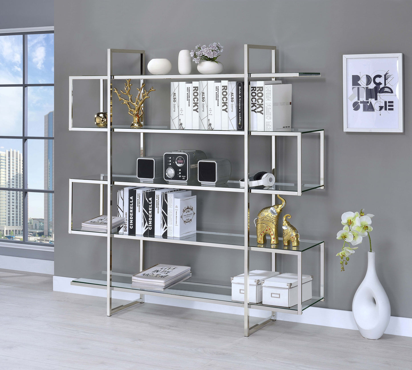 elton 63-inch 5-shelf bookshelf clear and chromeclear
