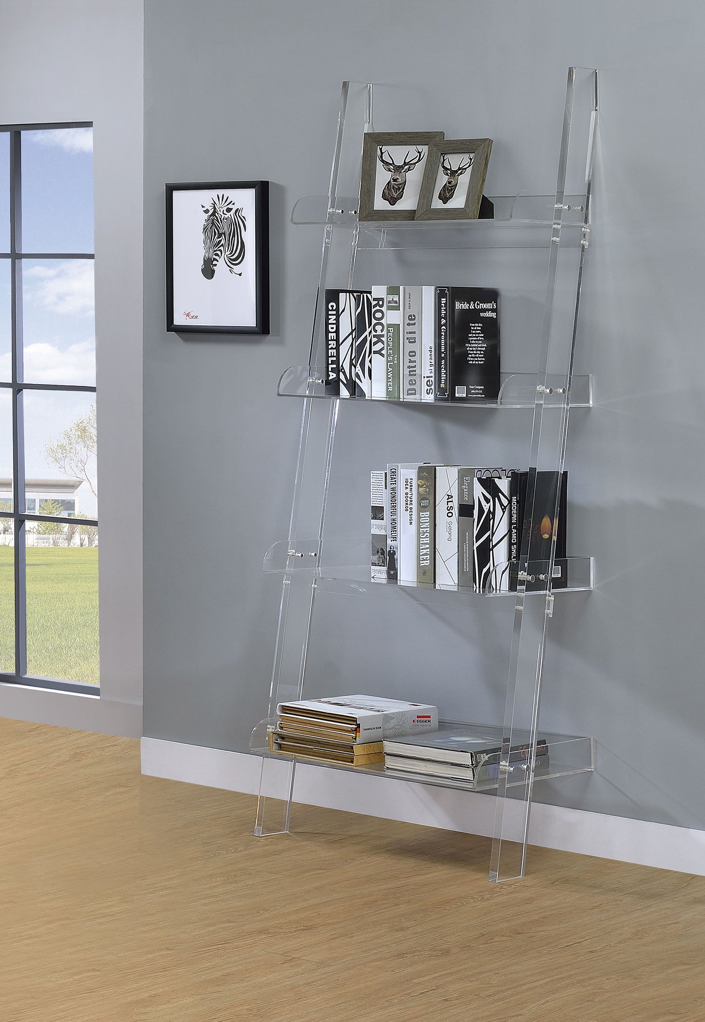 sonya 72-inch 4-shelf acrylic ladder bookshelf clearclear