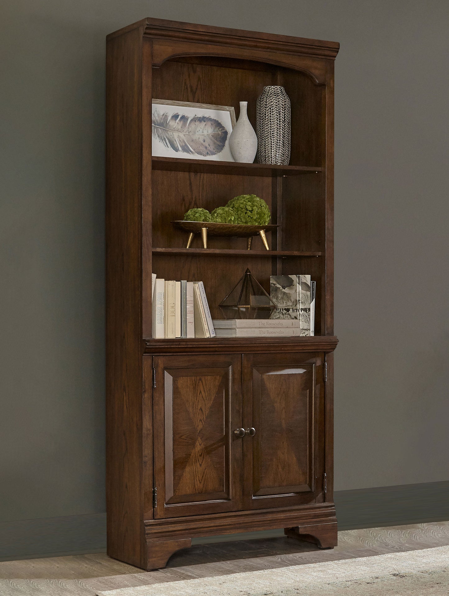 pedro 78-inch 3-shelf cabinet bookcase burnished oakburnished oak