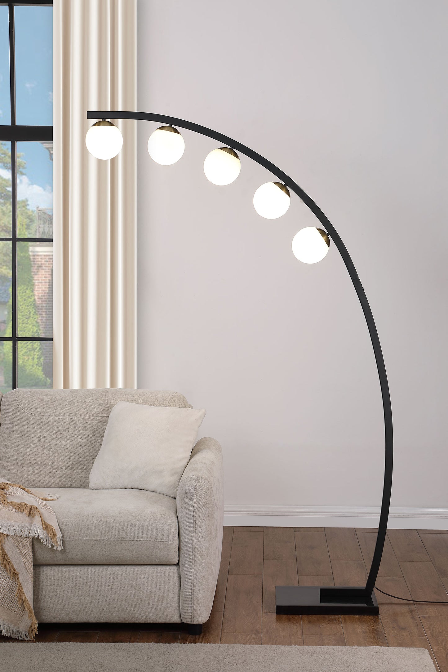 kinney 78-inch spherical 5-light arc metal floor lamp blackwhite