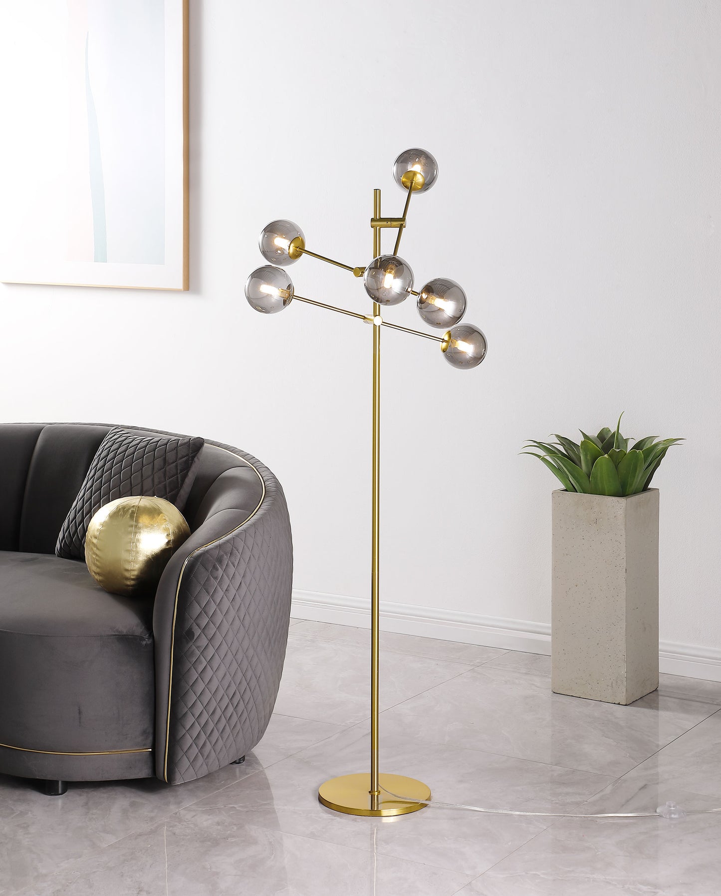 curltis 62-inch molecular smoked orb metal floor lamp goldbrass