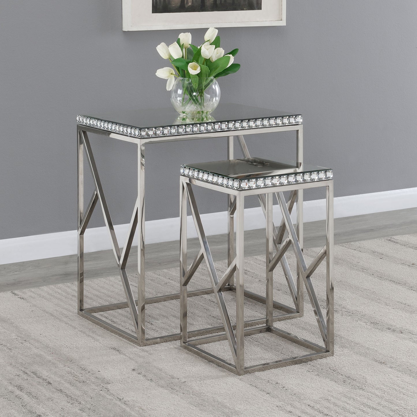 jennifer 2-piece mirrored stainless steel nesting tables silverpolished stainless steel