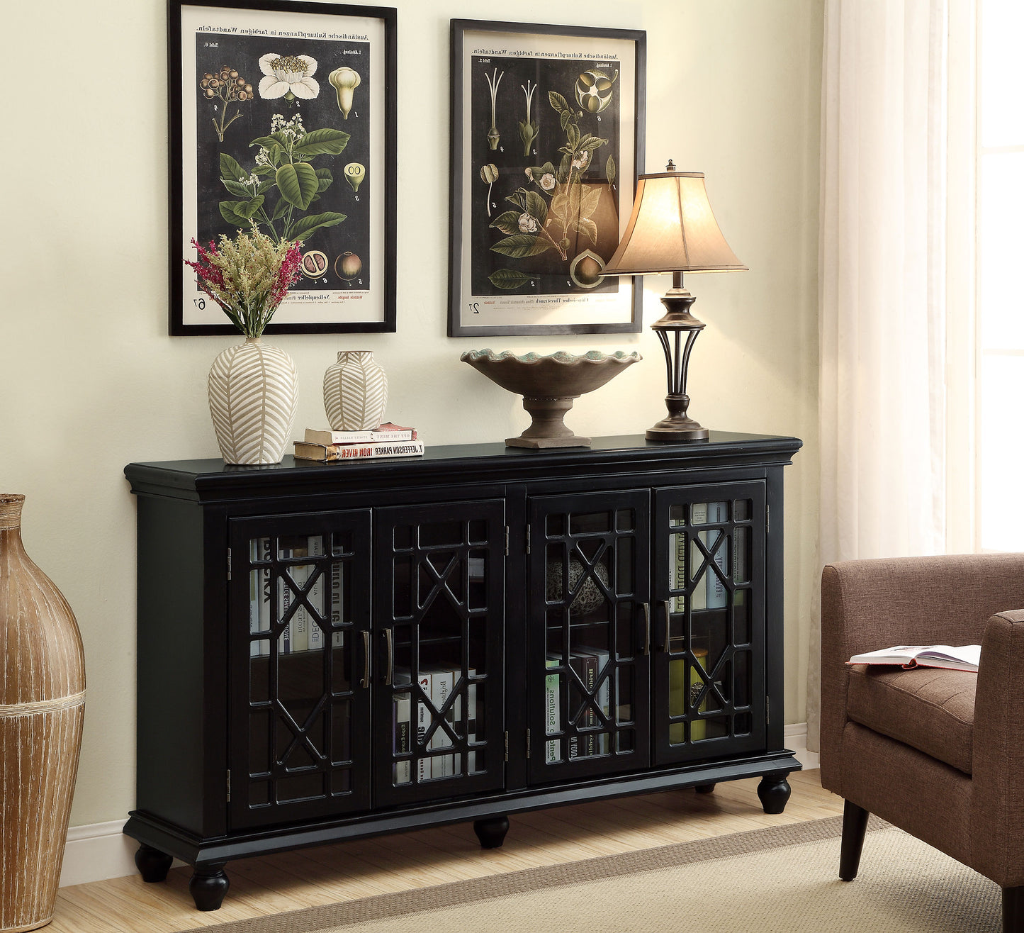 vallerie 4-door wood lattice storage accent cabinet blackblack