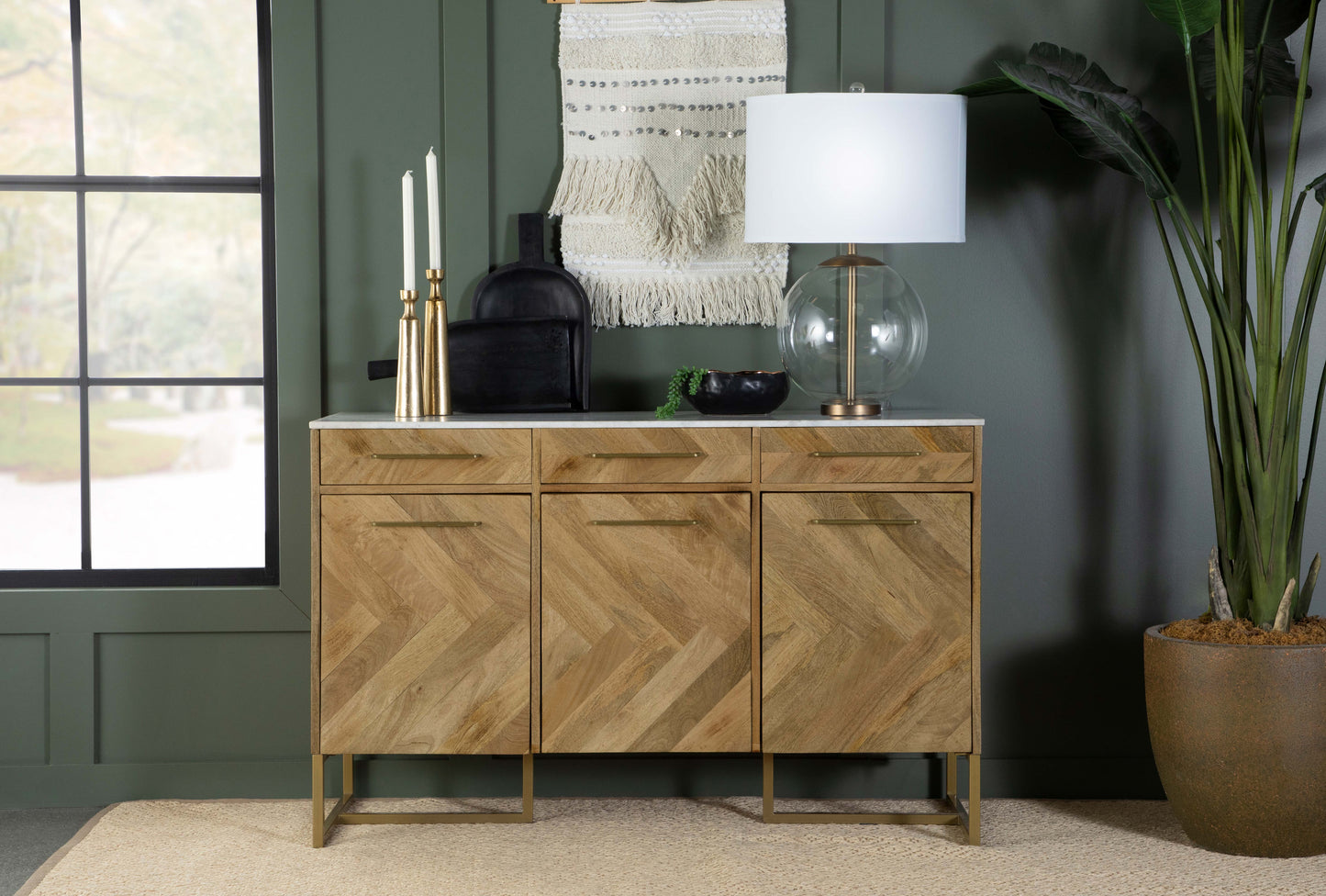 rodman 3-door marble top herringbone accent cabinet naturalnatural