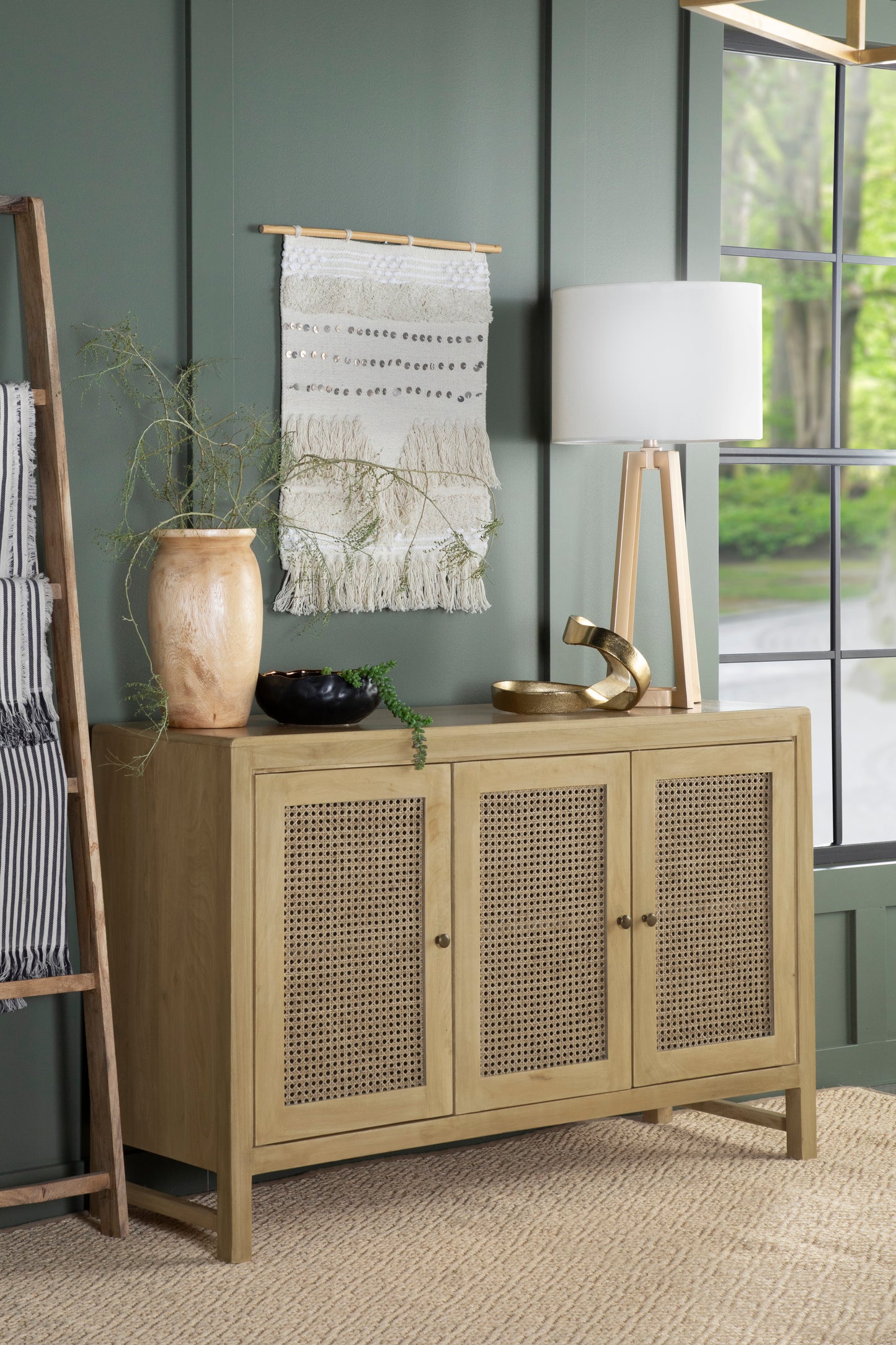 greer 3-door wood accent cabinet with woven cane naturalnatural