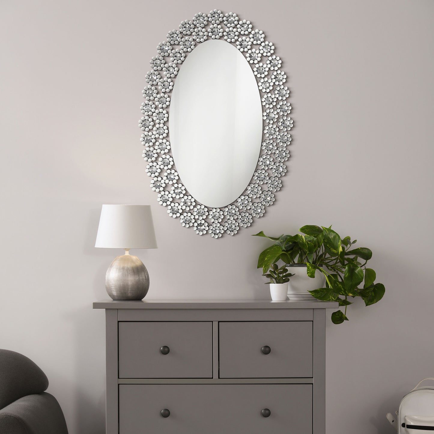 melody 31 x 47 inch oval wall mirror crystal flowers silvermirror