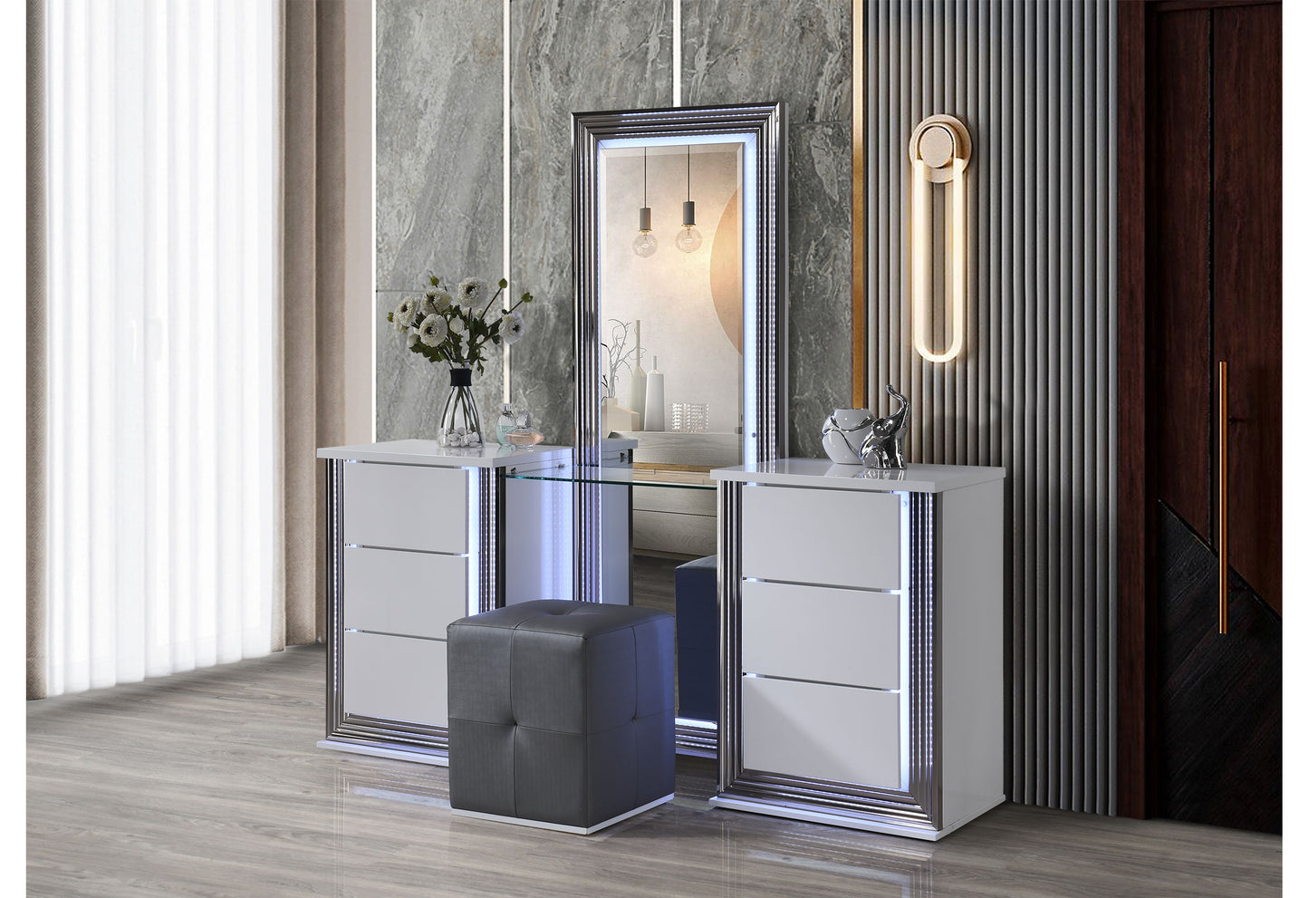 abigail smooth white vanity with led