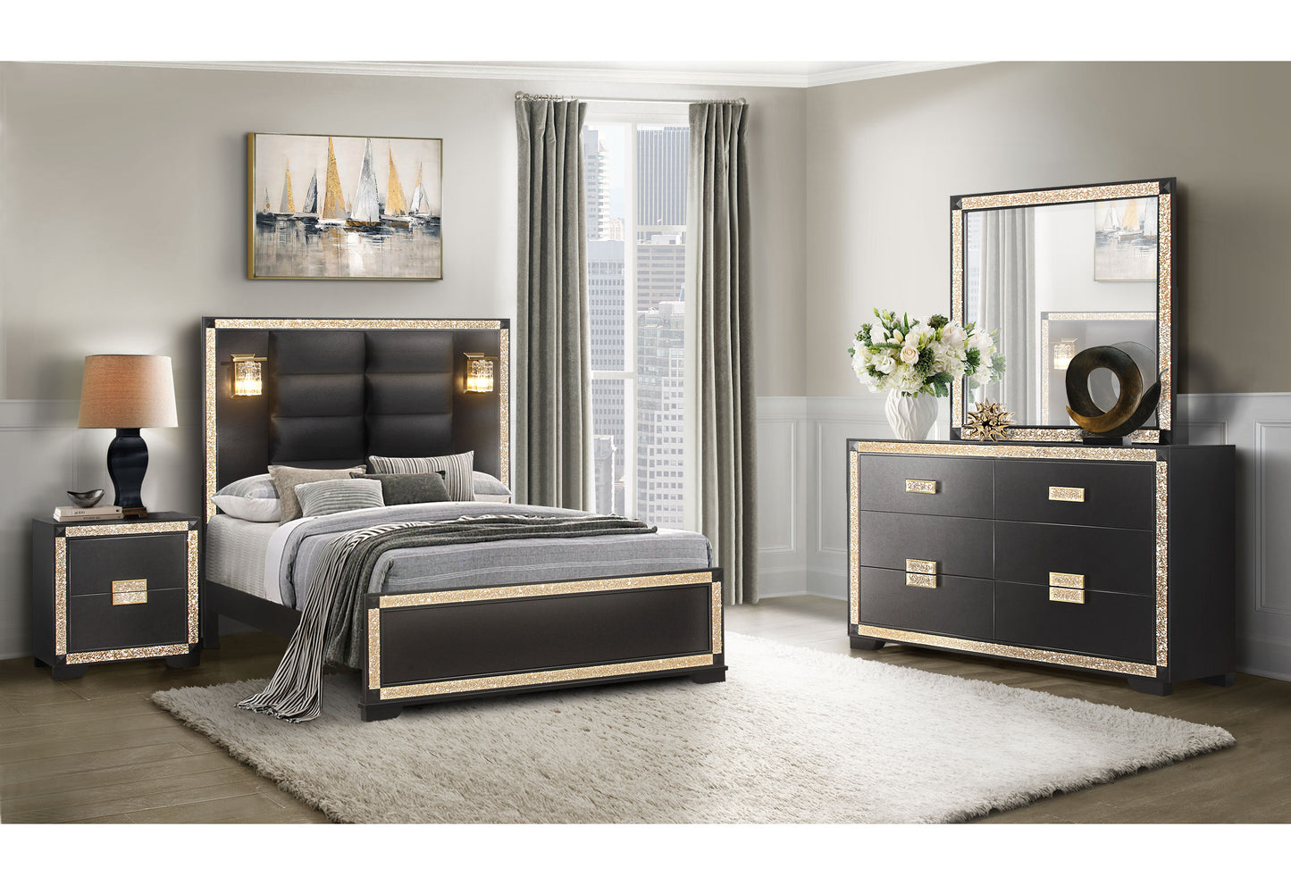 jordan black / gold full bed with lamps