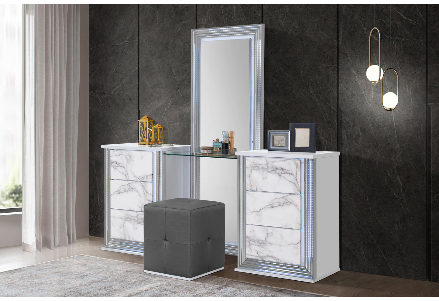 abigail white marble vanity with led