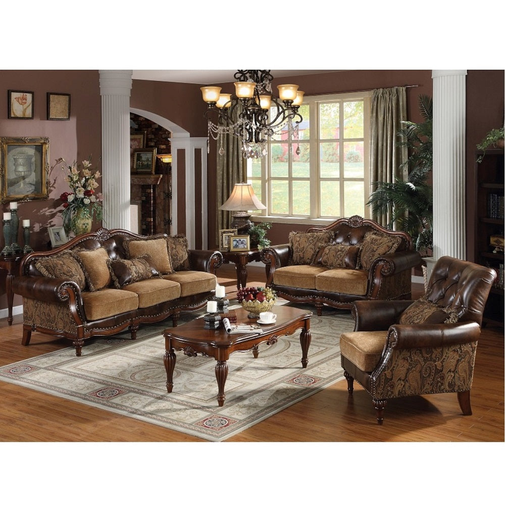 adamsen sofa w/5 pillows, two tone brown synthetic leather & chenille cherry finish