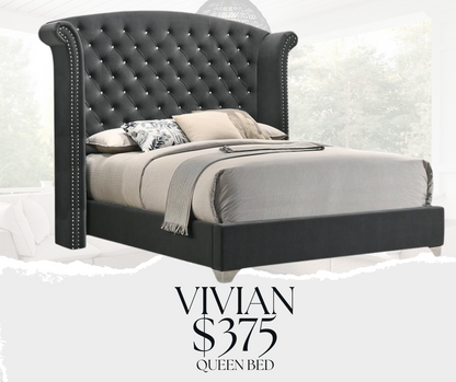 VIVIAN Grey Wingback Upholstered Bed (Queen)