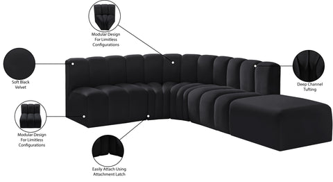 Briar Black 127 Velvet Upholstered Modular Sectional, 5-Piece