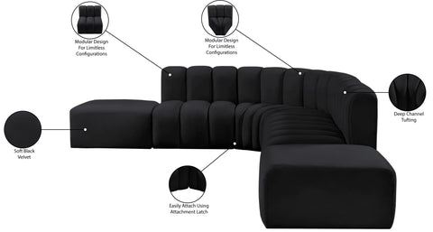 Briar Black 172 Velvet Upholstered Modular Sectional, 7-Piece