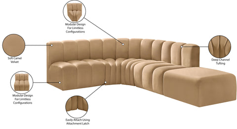 Briar 127 Camel Velvet Upholstered Modular Sectional, 5-Piece