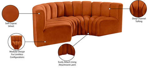 Briar Cognac 88 Velvet Upholstered Modular Sectional, 4-Piece