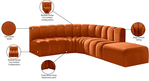 Briar Cognac 127 Velvet Upholstered Modular Sectional, 5-Piece