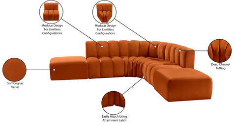 Briar Cognac 146 Velvet Upholstered Modular Sectional, 6-Piece