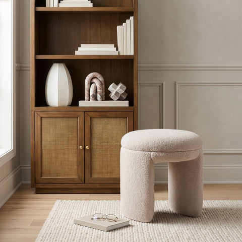 Celeste Beige Faux Shearling Teddy Fabric Upholstered Stool, 1 Piece