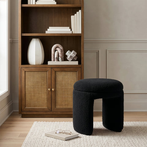 Celeste Black Faux Shearling Teddy Fabric Upholstered Stool, 1 Piece