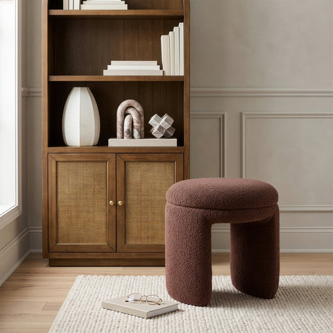 Celeste Brown Faux Shearling Teddy Fabric Upholstered Stool, 1 Piece