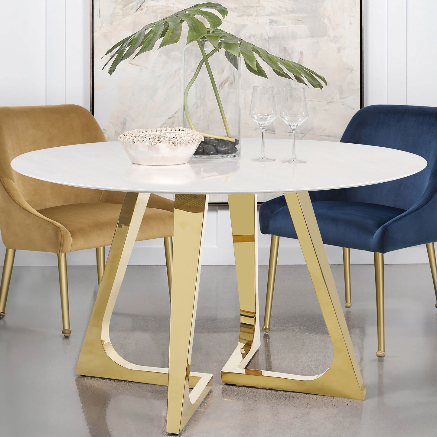 acton round 51-inch marble stainless steel dining table gold