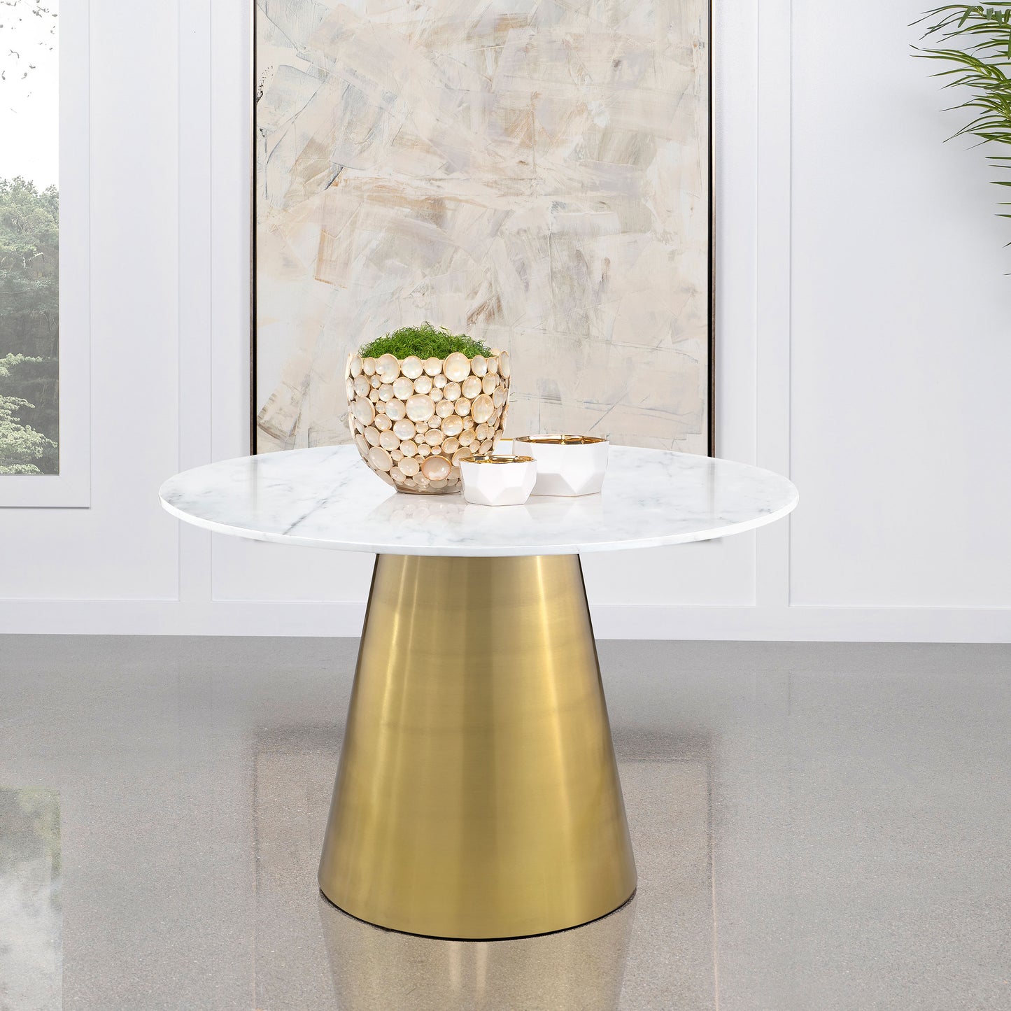 tilly round 50-inch marble top dining table brushed gold