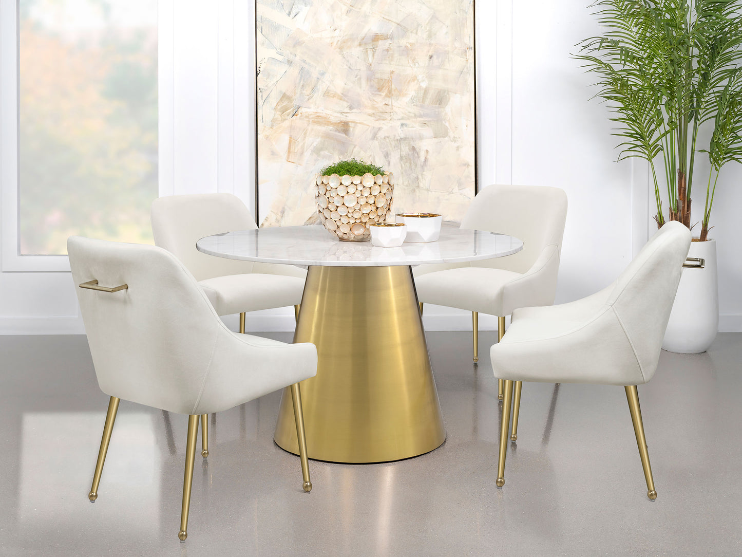 tilly round 50-inch marble top dining table brushed gold