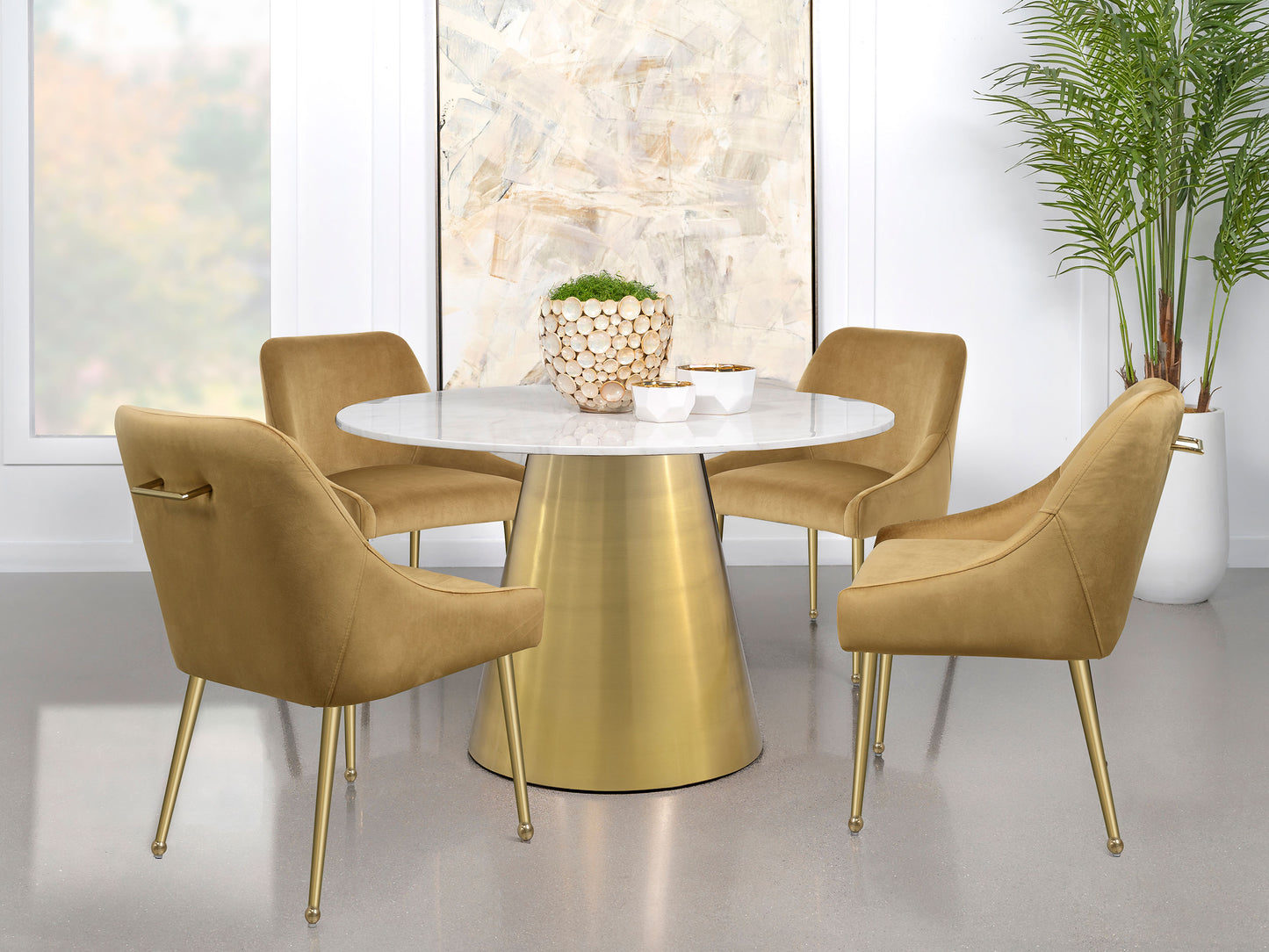 tilly round 50-inch marble top dining table brushed gold