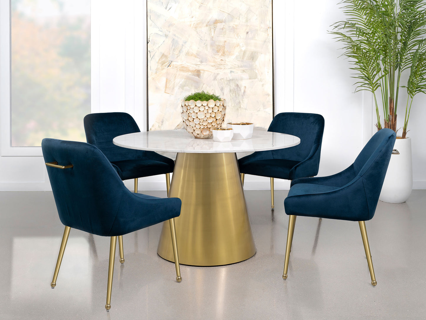 tilly round 50-inch marble top dining table brushed gold