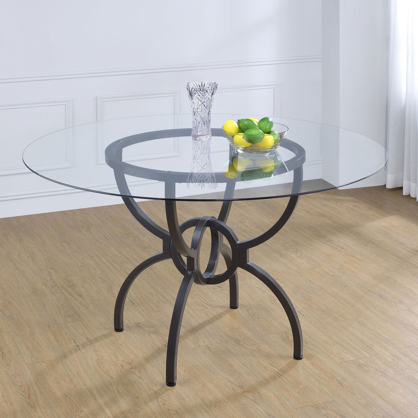 fallon round 48-inch glass top metal dining table gunmetal