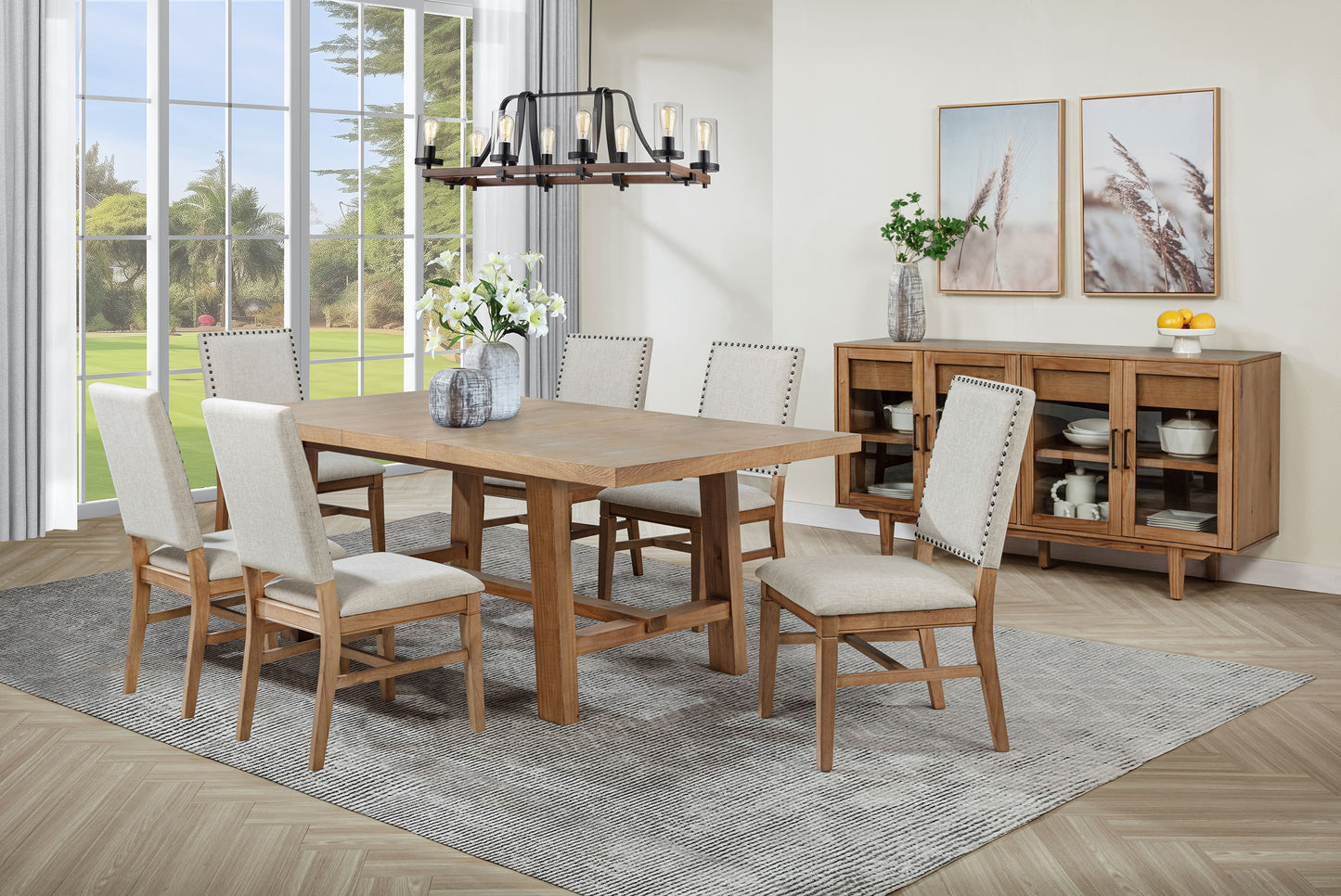 shirley 7-piece extension leaf dining set brown and beige