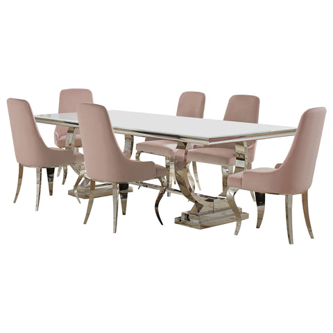 Bellaire 7-piece Rectangular Glass Top Dining Table Set PinkLight Pink